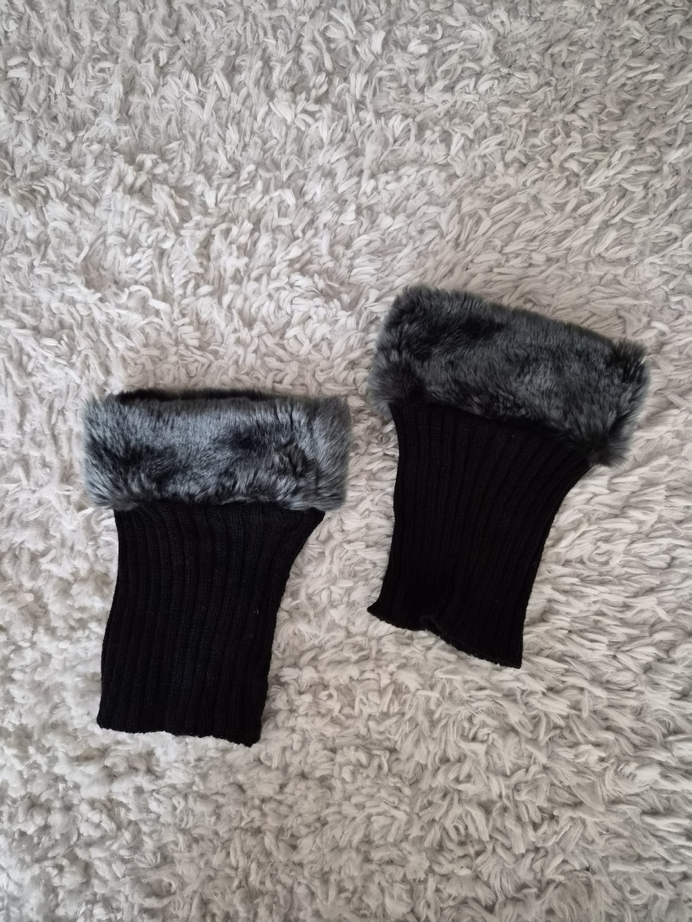 Faux Fur Trim Knit Boot Cuffs - Black & Charcoal Gray